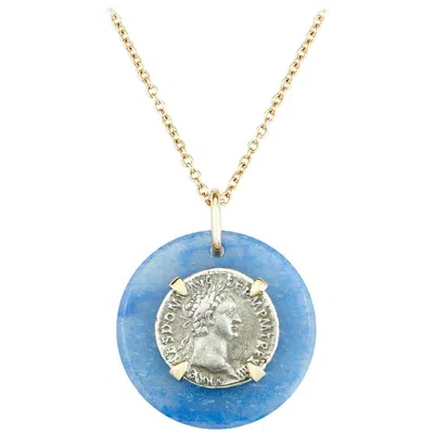 Pre-owned Dubini Domitian Ancient Silver Coin Blue Quartz Medallion 18k Gold Necklace