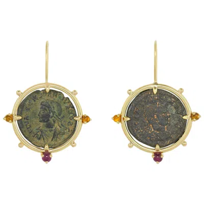 Pre-owned Dubini Empires Ancient Bronze Coin 18 Karat Yellow Gold Citrine Ruby Earrings