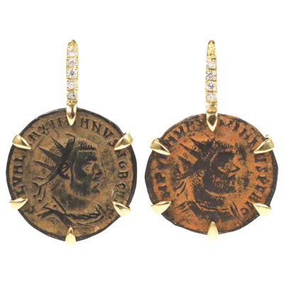 Pre-owned Dubini Empires Ancient Bronze Coins Diamond 18 Karat Yellow Gold Earrings