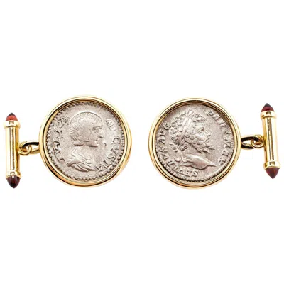 Pre-owned Dubini Empires Roman Ancient Silver Denarius Coin Garnet 18k Gold Cufflinks In Multi