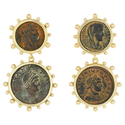 Pre-owned Dubini Empress Double Ancient Bronze Coin 18 Karat Yellow Gold Earrings