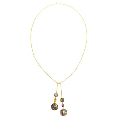 Pre-owned Dubini Empress Lariat Amethyst Citrine Silver Coin Gold Necklace In Purple