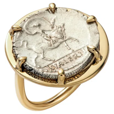 Pre-owned Dubini Europa & The Bull Ancient Silver Coin 18 Karat Yellow Gold Ring