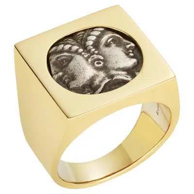 Pre-owned Dubini Female Janiform Ancient Silver Coin 18 Karat Yellow Gold Signet Ring