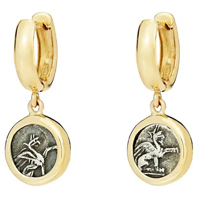 Pre-owned Dubini Griffin Ancient Silver Coin 18k Gold Hoop Earrings In Multi