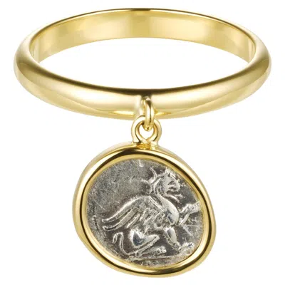 Pre-owned Dubini Griffin Chelys Flip Ancient Silver Coin 18 Karat Yellow Gold Ring