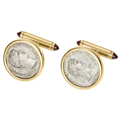 Pre-owned Dubini Hadrian Roman Ancient Silver Denarius Coin Garnet 18k Gold Cufflinks In Multi