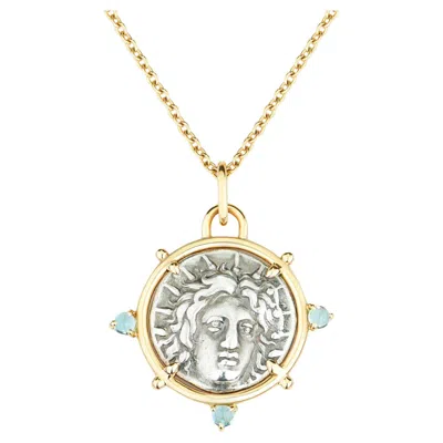 Pre-owned Dubini Helios Ancient Silver Coin Pendant Aquamarine 18 K Yellow Gold Necklace
