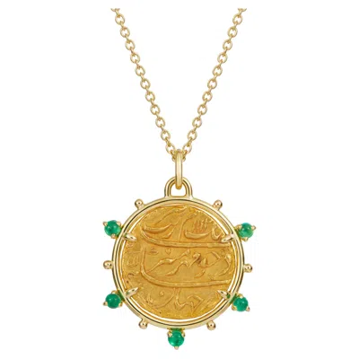 Pre-owned Dubini Indian Mughal Ancient Gold Coin Pendant Sapphire Emerald 18 Gold Karat In Green