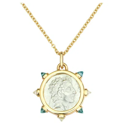 Pre-owned Dubini King Of Cappadocia Silver Coin Pendant Topaz 18 Karat Gold Necklace In Multi