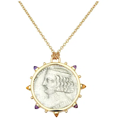 Pre-owned Dubini King Of Parthia Ancient Silver Coin Medallion 18 Karat Gold Necklace In Multi