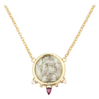 Pre-owned Dubini King Of Persia Ancient Silver Coin Rhodolite Moonstone 18k Gold Necklace In Multi
