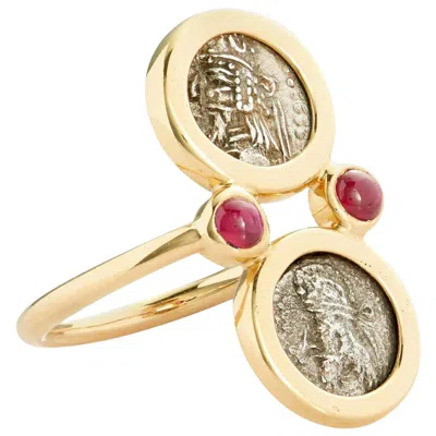 Pre-owned Dubini Kings Of Persis Ancient Obol Silver Coin Ruby 18 Karat Yellow Gold Ring