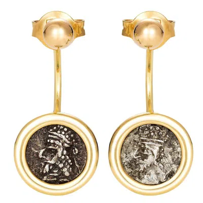 Pre-owned Dubini Kings Of Persis Ancient Silver Coin 18 Karat Yellow Gold Earrings