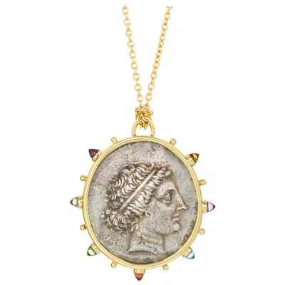 Pre-owned Dubini Kyme Ancient Silver Coin 18 Karat Citrine Amethyst Topaz Cabochon Medallion In Purple