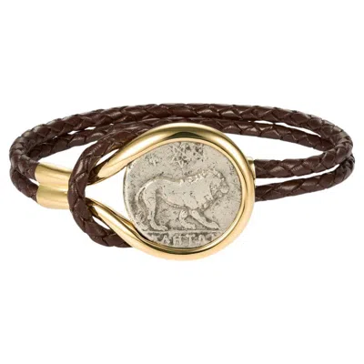 Pre-owned Dubini Lion Ancient Coin 18 Karat Yellow Gold Calfskin Braided Bracelet