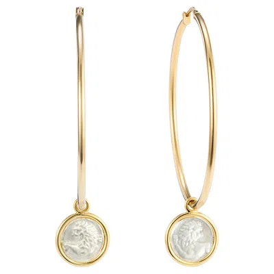 Pre-owned Dubini Lion Hoop Yellow Gold Silver Coin Earrings