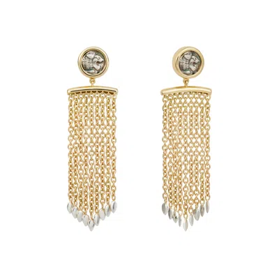 Pre-owned Dubini Lion Miletos Ancient Silver Coin 18 Karat Gold Chain Fringe Earrings In Multi