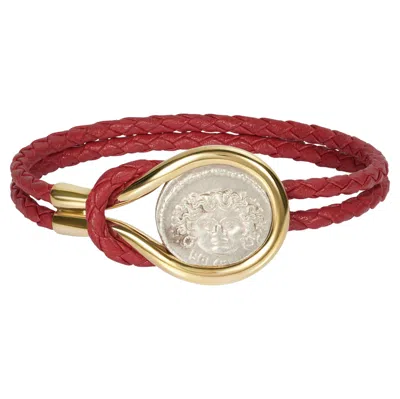 Pre-owned Dubini Medusa Ancient Coin 18 Karat Yellow Gold Calfskin Braided Bracelet