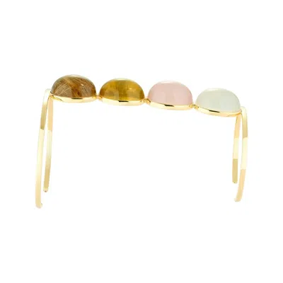 Pre-owned Dubini Milky Rose Lemon Rutilated Quartz Cabochons 18k Yellow Gold Cuff Bracelet