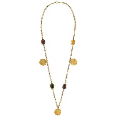Pre-owned Dubini Ottoman Empire Coin 18 Karat Long Gold Necklace Tourmaline Cabochon Stone In Multi
