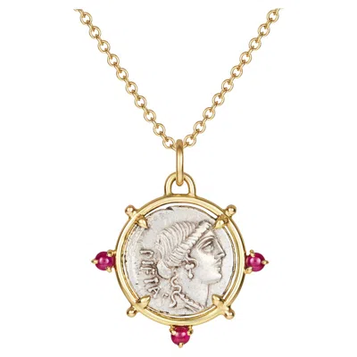 Pre-owned Dubini Pietas Goddess Ancient Roman Silver Coin Pendant 18k Yellow Gold Necklace