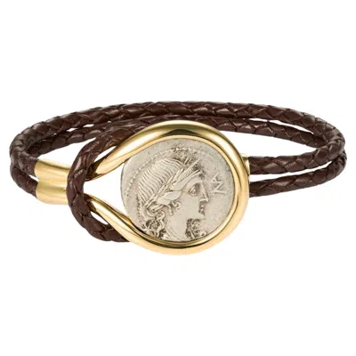Pre-owned Dubini Roma Ancient Coin 18 Karat Yellow Gold Calfskin Braided Bracelet