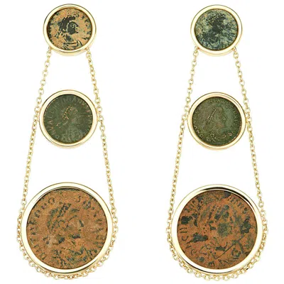 Pre-owned Dubini Roman Ancient Authentic Bronze Coin Chandelier 18 Karat Gold Earrings In Multi