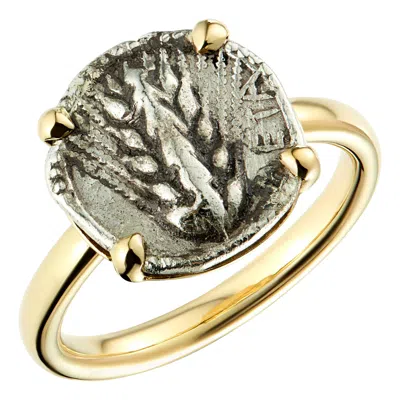 Pre-owned Dubini Spiga Di Grano Lucanian Ancient Silver Coin 18 Karat Yellow Gold Ring