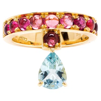 Pre-owned Dubini Theodora Aquamarine And Rubellite Tourmaline 18k Yellow Gold Ring