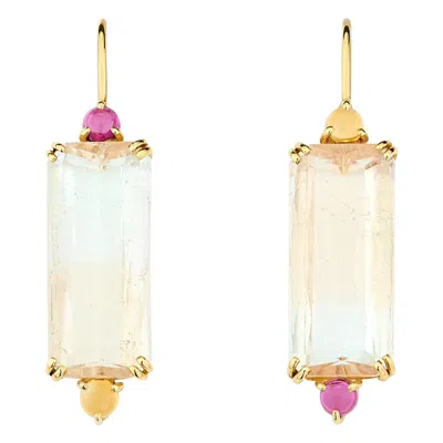 Pre-owned Dubini Theodora Emerald Cut Bi-colored Beryl Rhodolite Citrine 18k Gold Earrings In Green