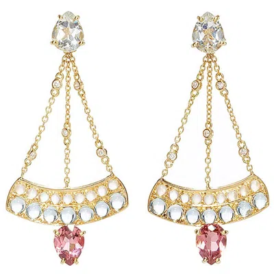 Pre-owned Dubini Theodora Topaz Rubellite Aquamarine Moonstone And Diamonds Gold Earrings In Multi