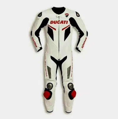 Pre-owned Ducati Customized Motorbike Racing Motorcycle Cowhide Leather Race Suit In White