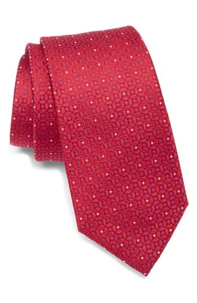Duchamp Neat Geometric Silk Tie In Red