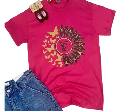 Duck Creation Luxe Sunflower & Butterfly Tee In Hot Pink