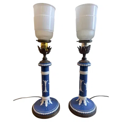 Pre-owned Dudson Pottery Pair Of Dudson Brothers Hanley Blue Jasperware Neoclassical Column Table Lamps