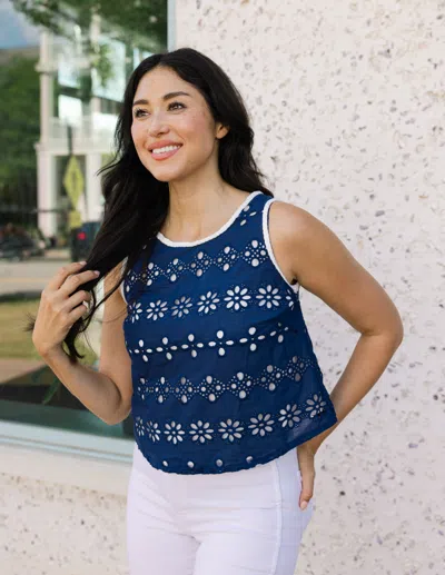 Duffield Lane Amy Eyelet Top In Navy Garden Eyelet