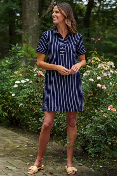 Duffield Lane Banks Dress In Navy Linen Stripe