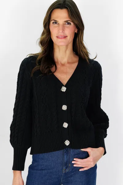 Duffield Lane Black Cotton Chloe Cable Knit Cardigan With Jewel Buttons