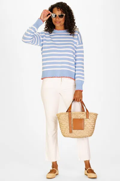 Duffield Lane Blanket Stitch Sweater In Light Blue & White