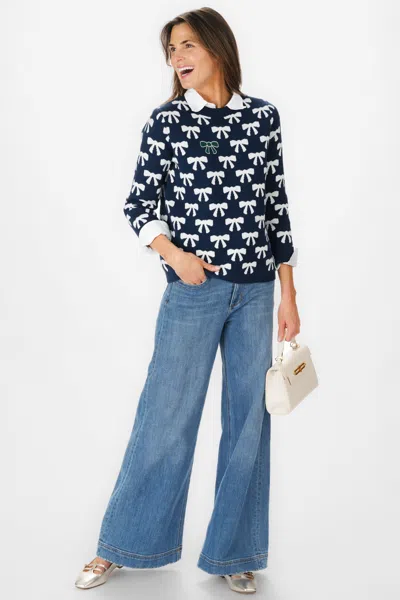 Duffield Lane Bow Crew Neck Sweater In Blue