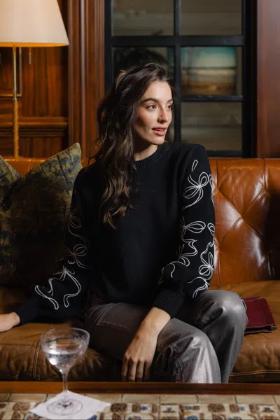 Duffield Lane Bow Sleeve Crew Neck Sweater In Black