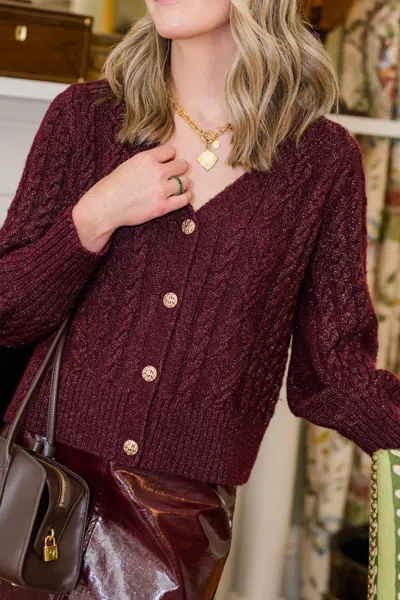Duffield Lane Chloe Cable Knit Cardigan In Cranberry Shimmer