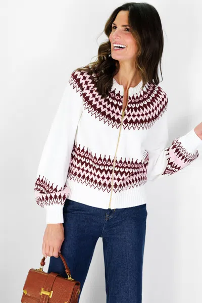 Duffield Lane Fair Isle Zip Up Cardigan In Ivory