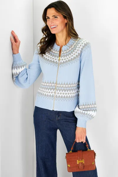 Duffield Lane Fair Isle Zip Up Cardigan In Light Blue