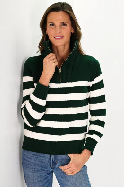 Duffield Lane Forest And Ivory Stripe Cotton Blaire Quarter Zip Sweater