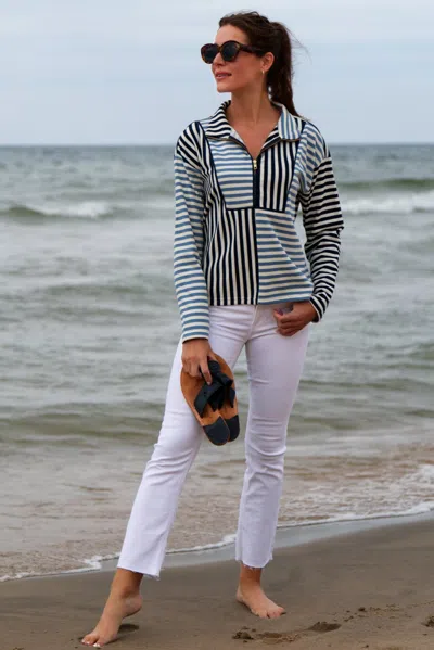 Duffield Lane Kathryn Quarter Zip In Navy And Blue Stripe Mix