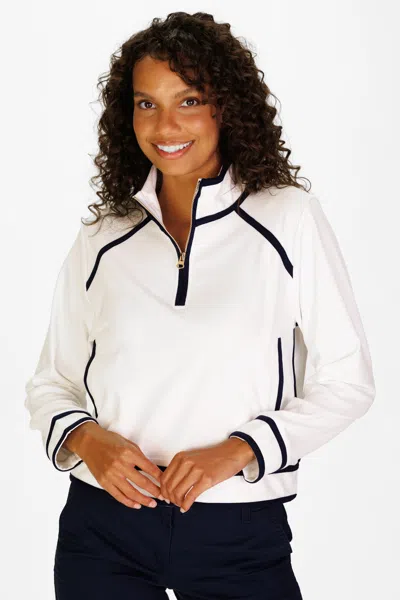 Duffield Lane Laine Quarter Zip In White Supersoft With Navy Trim
