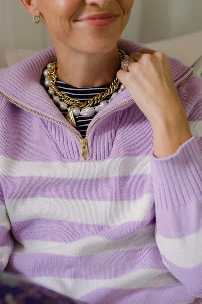 Duffield Lane Lilac And Ivory Stripe Cotton Blaire Quarter Zip Sweater