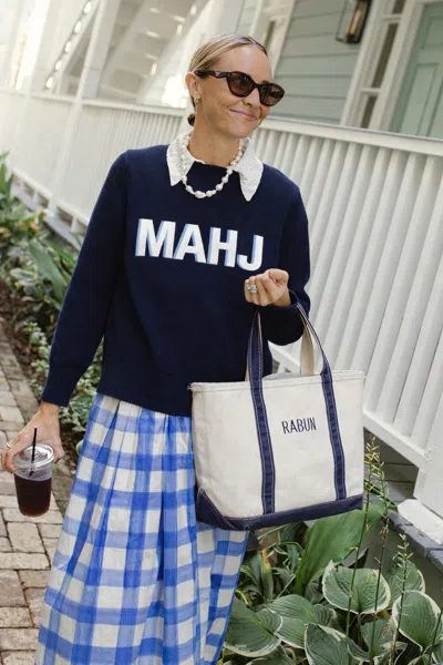 Duffield Lane Mahjong Sweater With 'mahj' In Navy And White
